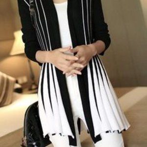 Black & White Modlily Design Open Front Long Sleeve Cardigan - Large